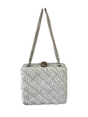 Vintage White Woven Box Bag Gold Chain Shoulder Purse Made in Hong Kong Bridal R